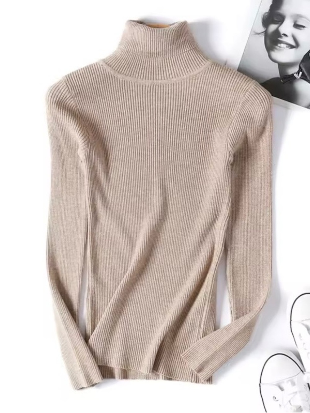 Women's Ribbed Turtleneck Sweater in Beige